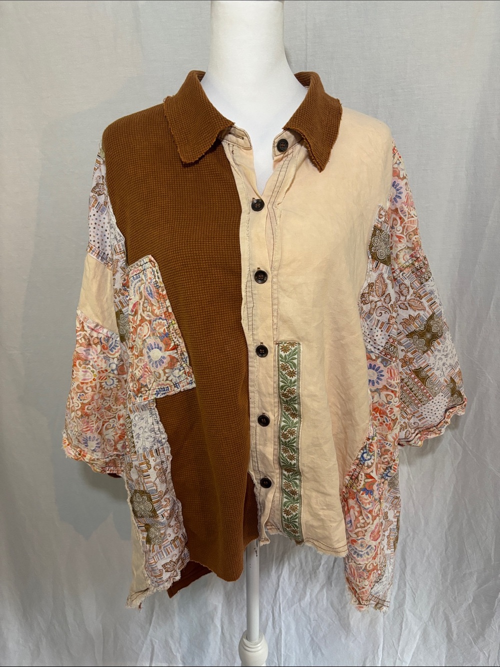 Women’s Blue Velvet Patchwork Oversize Hippie Boho Button Up